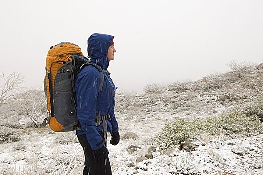 男人,背包旅行,雪中,印尤国家森林,加利福尼亚,美国