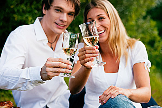 情侣,相爱,坐,户外,野餐,碰杯,喝,白葡萄酒