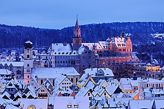 城堡,锡格马林根,冬天,晚间,巴登符腾堡,德国,欧洲