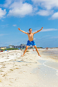 男孩,跳跃,空中,海滩
