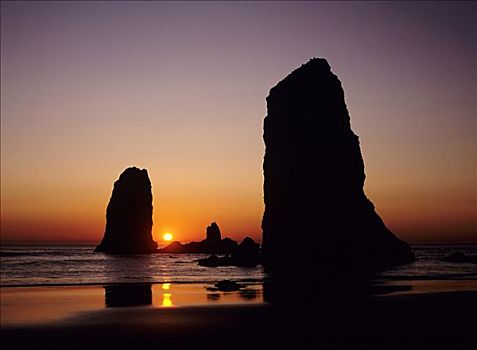 俄勒冈,坎农海滩,海洋,堆积,靠近,黑斯塔科岩,日落