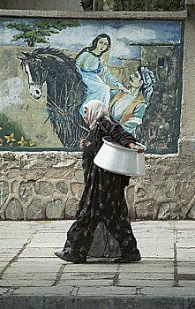 伊朗,库尔德,女人,正面,墙壁彩绘,城市,库尔德斯坦,省,伊拉克,2004年