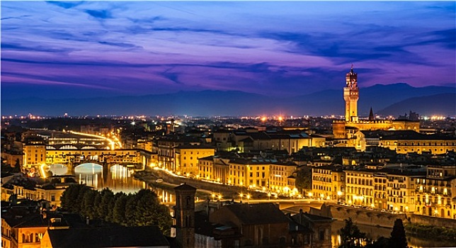 夜景,上方,阿尔诺河,佛罗伦萨,意大利