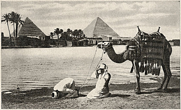 早晨,祈祷,尼罗河,金字塔,背景,开罗,埃及,历史