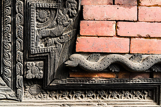 雕刻,木质,特写,蛇,庙宇,地区,尼泊尔,亚洲