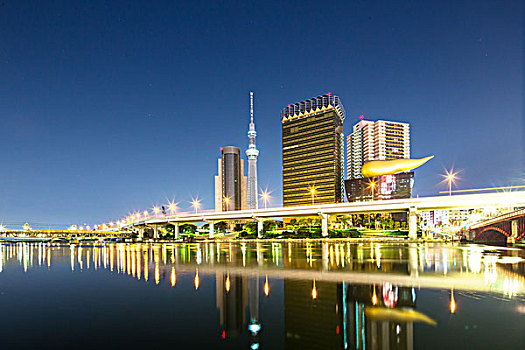 桥,水,现代建筑,东京塔,夜晚