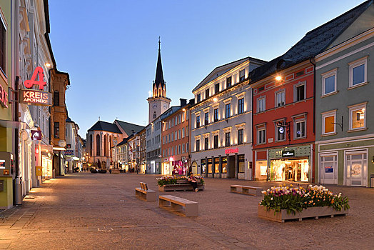 大广场,教区教堂,步行区,蓝色,钟点,卡林西亚,奥地利,欧洲