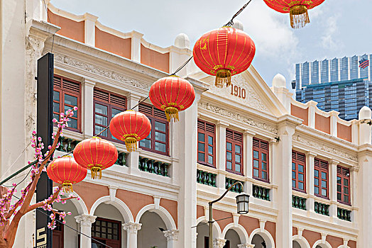 新加坡,唐人街,殖民风格,建筑外观,纸灯笼,塑料制品,树,假花