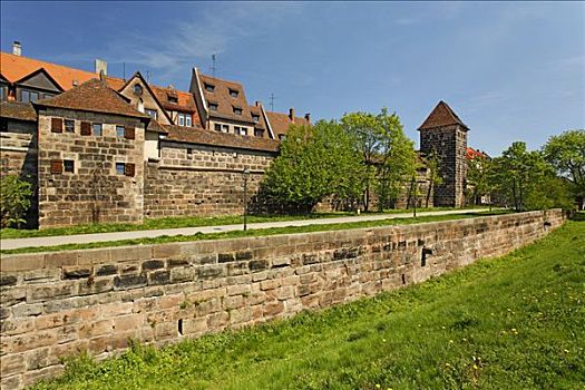 城墙,牢固,塔,历史名城,中心,纽伦堡,中间,弗兰克尼亚,巴伐利亚,德国,欧洲