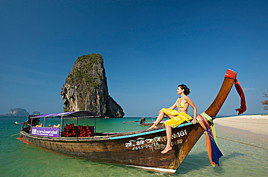 女人,船,海滩,甲米,泰国,亚洲