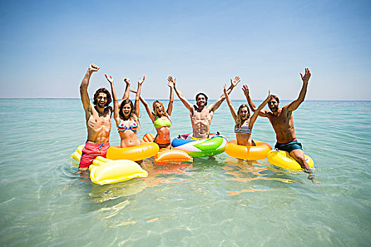 朋友,享受,充气,水池,筏子,海洋,头像,愉悦,天空