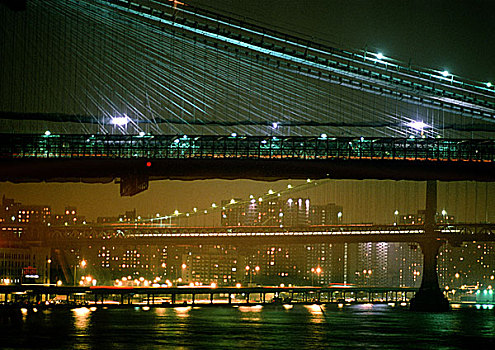 美国,纽约,布鲁克林大桥,光亮,夜晚