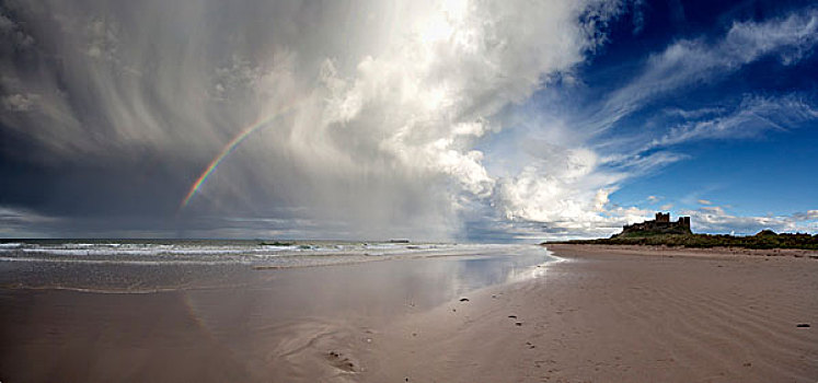 云,反射,浅水,海滩,诺森伯兰郡,英格兰