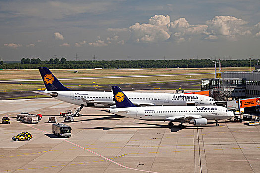 汉莎航空公司,飞机,大门,空中客车,杜塞尔多夫,机场,莱茵兰,区域,北莱茵威斯特伐利亚,德国,欧洲