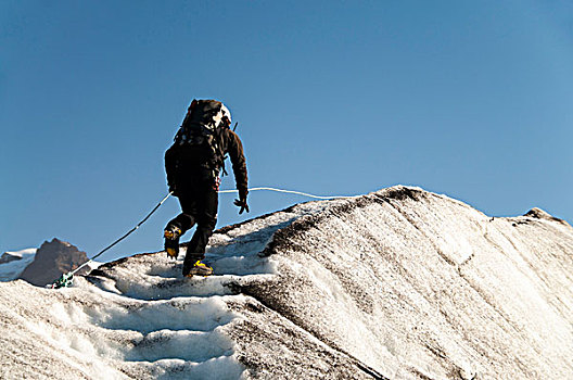 男人,攀登,楼梯,冰,远足,冰河,舌头,斯卡夫塔菲尔国家公园,东方,冰岛,欧洲
