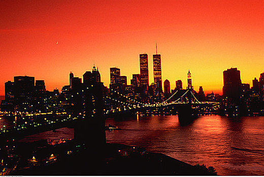 布鲁克林大桥,城市天际线,日落,纽约,美国