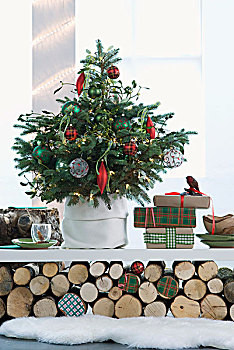 装饰,圣诞树,礼物,白色背景,架子,休息,一堆,原木