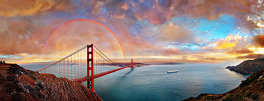 全景,金门大桥,彩虹,日落,橙色,发光,雷云,旧金山,加利福尼亚,美国,北美
