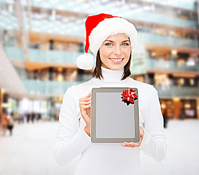 圣诞节,科技,礼物,人,概念,微笑,女人,圣诞老人,帽子,留白,显示屏,平板电脑,电脑,上方,购物中心,背景