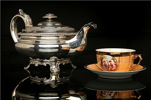 银,茶壶,老式,中国,茶杯