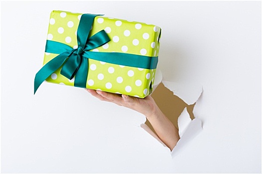 手,纸,绿色,礼物,盒子