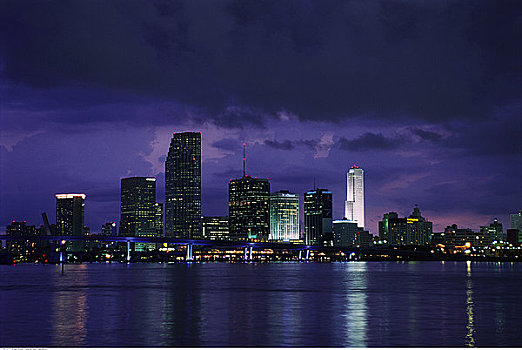 城市天际线,黄昏,迈阿密,佛罗里达,美国