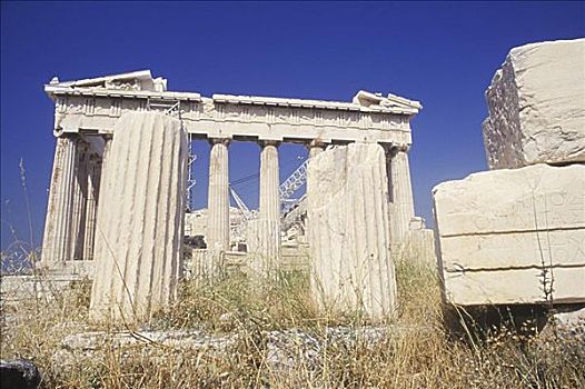 仰视,遗迹,柱廊,帕特侬神庙,雅典,希腊