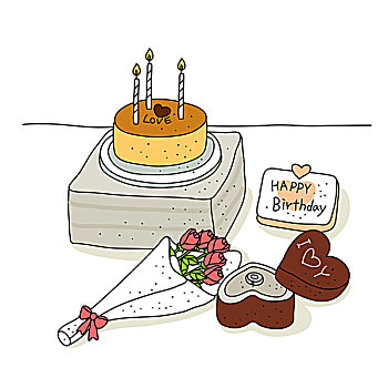 概念,庆贺,生日蛋糕,玫瑰花束