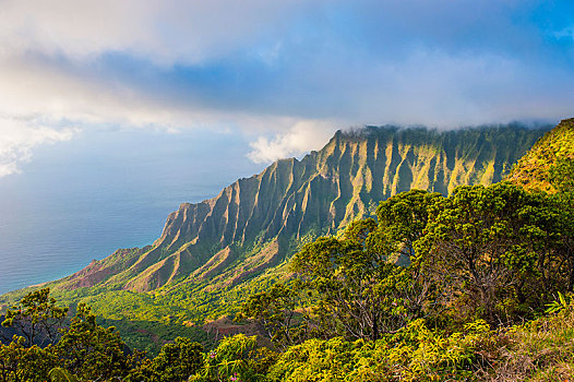 纳帕利海岸,绿色,山,风景,暸望,州立公园,考艾岛,夏威夷,美国,北美