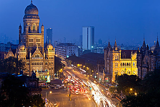 风景,上方,维多利亚车站,中心,孟买,黄昏,印度