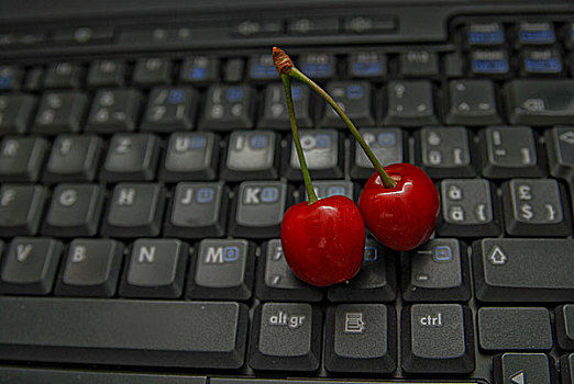 新鲜,樱桃,特写,笔记本电脑,键盘