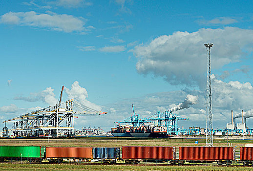 集装箱船,列车,陆地,局部,鹿特丹,港口,荷兰南部,荷兰,欧洲