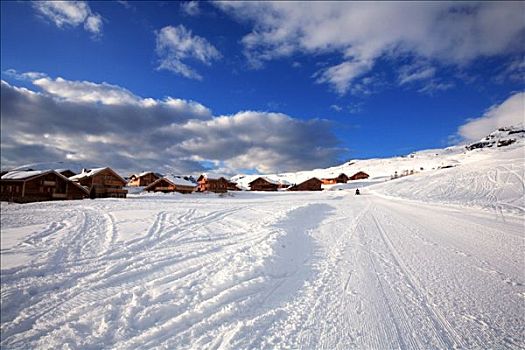 法国,伊泽尔省,阿普德威兹,滑雪胜地,木制屋舍