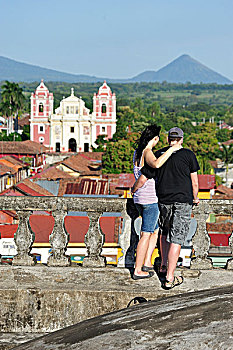 情侣,享受,风景,大教堂,亚松森,尼加拉瓜,中美洲