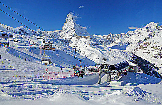 滑雪区,缆车,背影,马塔角,策马特峰,瓦莱,瑞士,欧洲