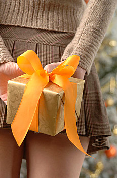 女人,超短裙,拿着,礼品包装,金色,纸,后视图,圣诞时节