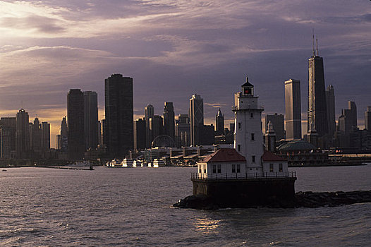 美国,伊利诺斯,芝加哥,密歇根湖,灯塔,海军码头,天际线
