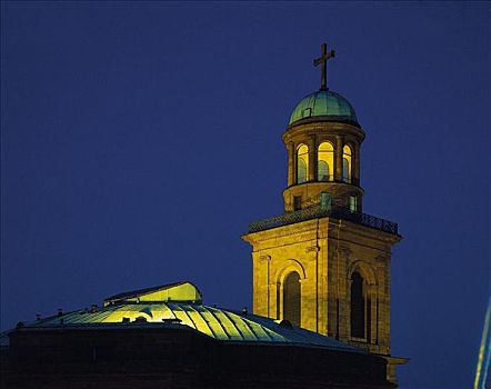 塔,教堂,光亮,夜晚,德国,欧洲