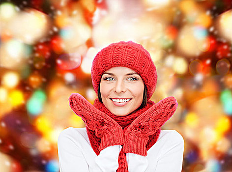 高兴,寒假,圣诞节,人,概念,微笑,少妇,红色,帽子,围巾,连指手套,上方,背景