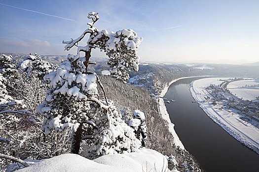 积雪,风景,远眺,易北河,国家公园,砂岩,山峦,萨克森,德国