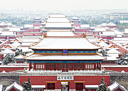 鸟瞰故宫博物院雪景