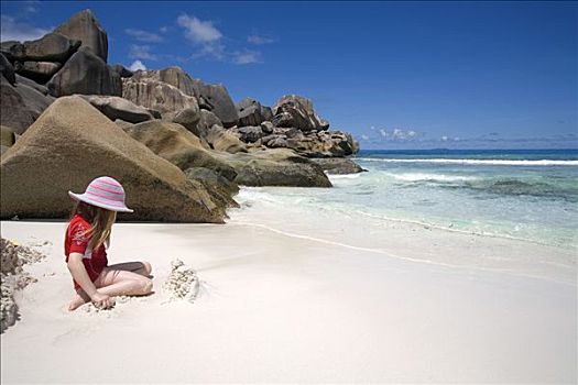 塞舌尔,拉迪戈岛,女孩,玩,海滩,漂石,背景