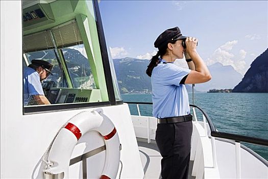 船长,乘客,船,双筒望远镜,琉森湖,瑞士,欧洲