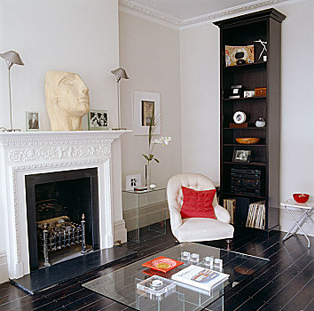 传统,起居室,壁炉,软垫,扶手椅,条纹,地板,现代,灯
