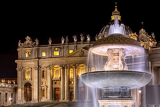 喷泉,正面,圣彼得大教堂,夜晚,梵蒂冈城,罗马,拉齐奥,意大利,欧洲