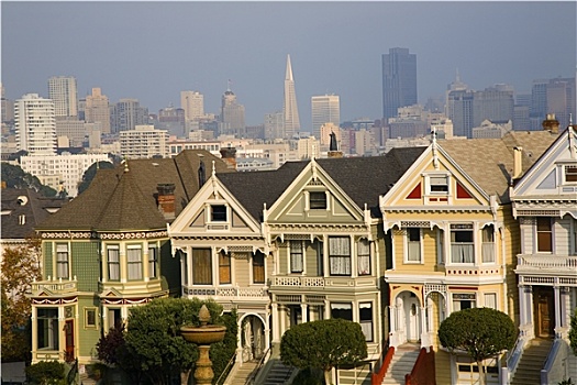 维多利亚式房屋,现代,摩天大楼,旧金山,天际线