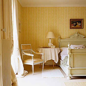 卧室,郊区住宅,巴洛克,椅子,黄色,白色,条纹,墙壁