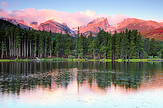 日出,反射,湖,落基山国家公园,科罗拉多,美国