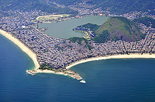 航拍,看,伊帕内玛海滩,左边,科巴卡巴纳海滩,右边,泻湖,里约热内卢,巴西,南美