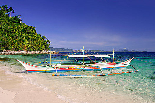 船,系,向上,海滩,热带,岛屿,蓝色,天空,清晰,海洋,巴拉望岛,菲律宾,东南亚